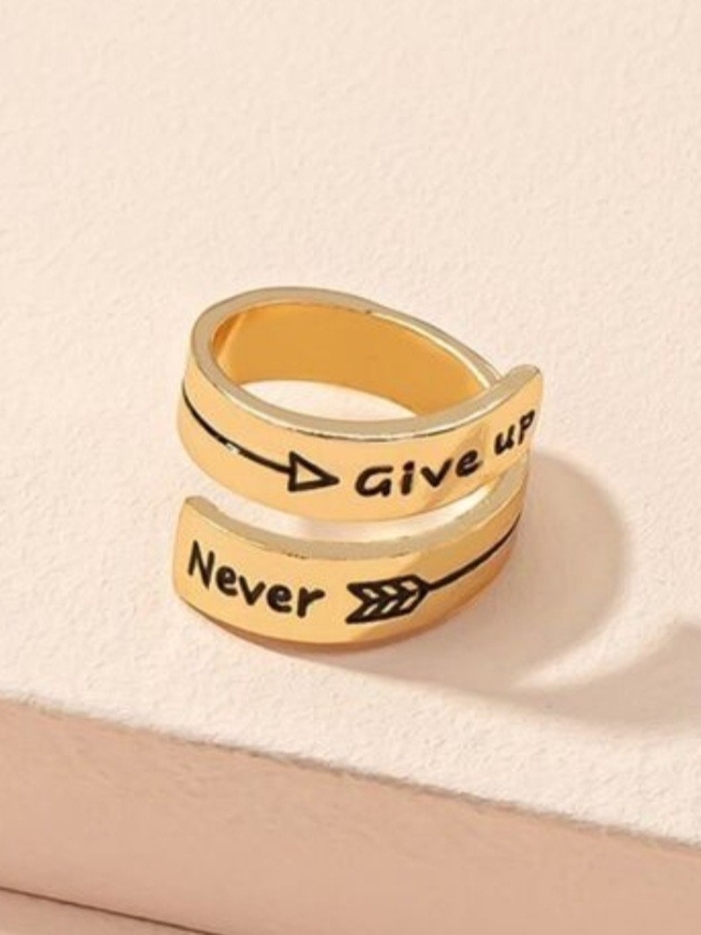 Gold Tone Motivational Wrap Ring - "Never Give Up" Size 7.5 New!